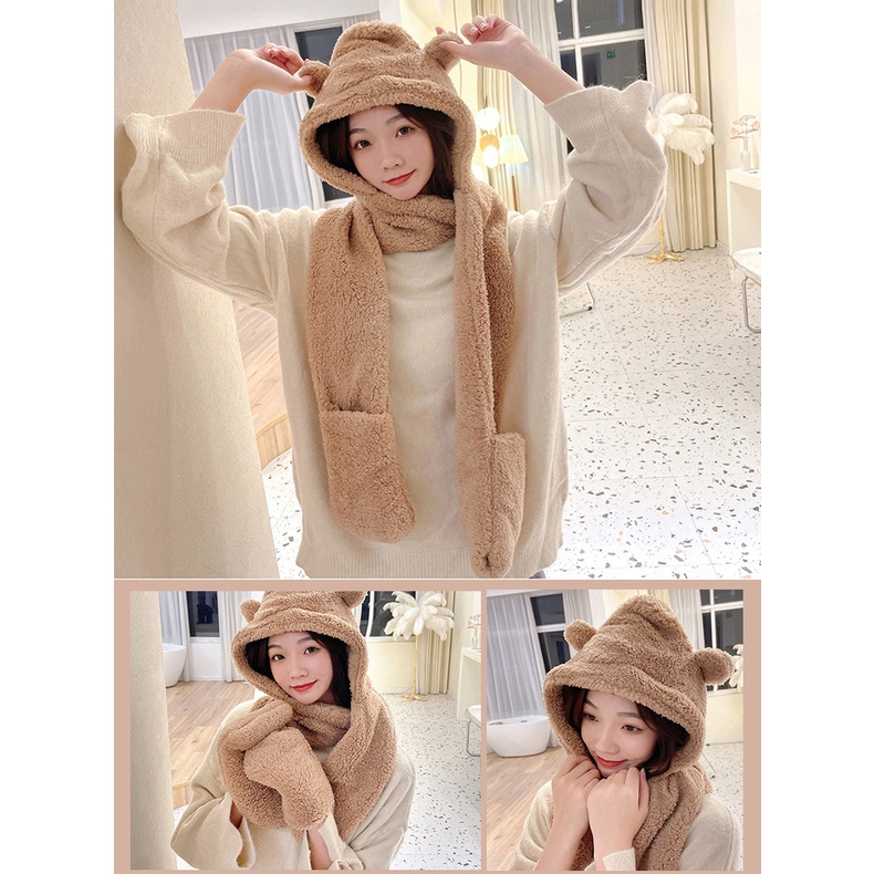 Nón Lông Quai Dài Làm Khăn Cổ Có Túi Giữ Ấm Tay Hình Gấu 3 IN 1 RQN2230