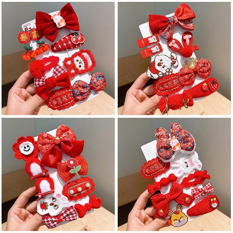 PVN56680 Set 9 Kẹp Tóc Hình Nơ Thêu Họa Tiết Phong Cách Trung Hoa Mừng Năm Mới Cho Bé Gái