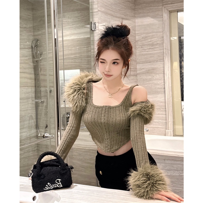 Áo len dài tay phối lông phong cách thu đông sang trọng khí chất ngọt ngào đầu xu hướng mới 2023