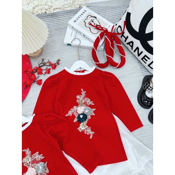 Áo dài nhung hoa đá xinh cho bé gái