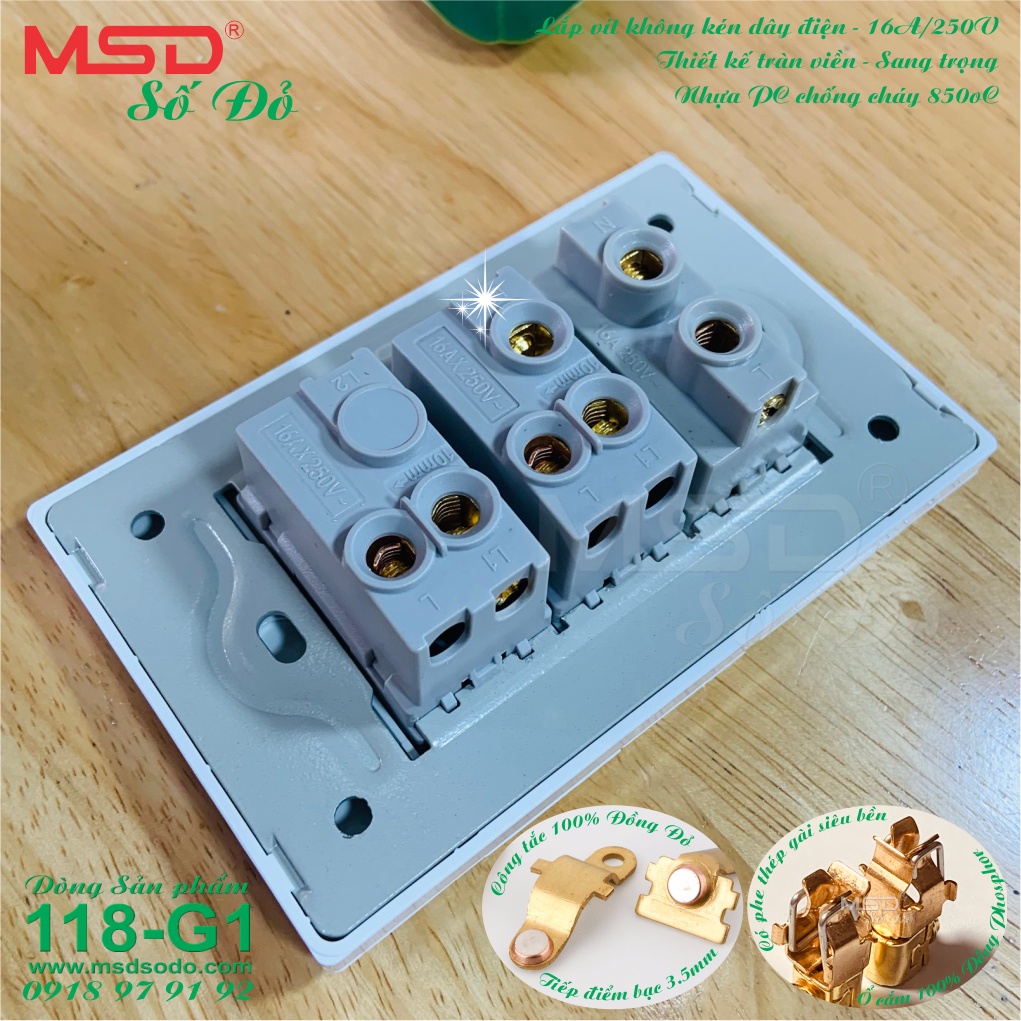 BỘ SẢN PHẨM: 2 CÔNG TẮC  + 1 Ổ CẮM 2 CHẤU - 15A250V  - DÒNG 118G1