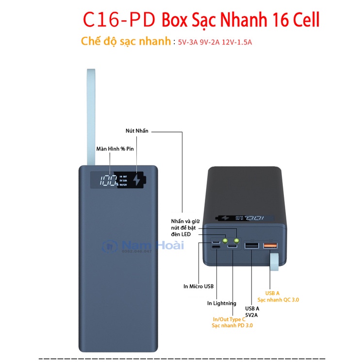 Box sạc dự phòng 16 cell C16 PD Qi LED sạc nhanh 22.5W và sạc không dây 15W Mẫu nâng cấp