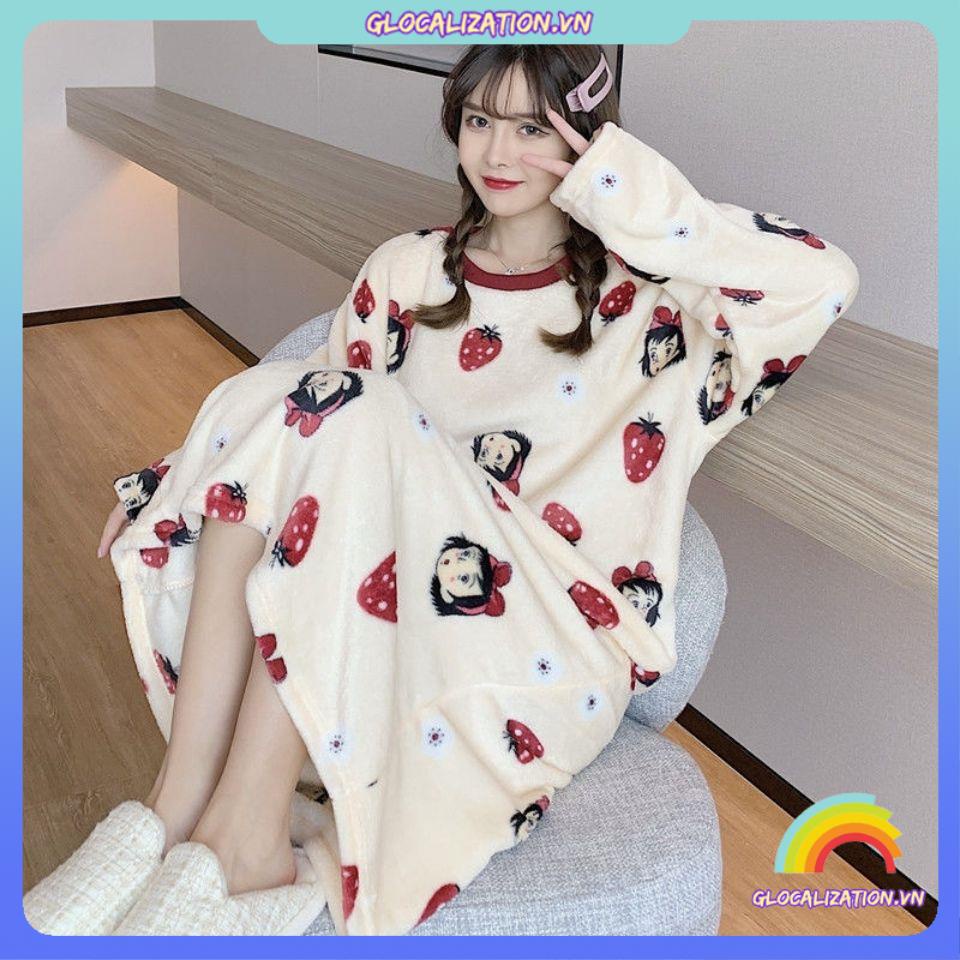 Váy ngủ nhung san hô mùa thu đông trang phục mặc nhà rộng rãi
