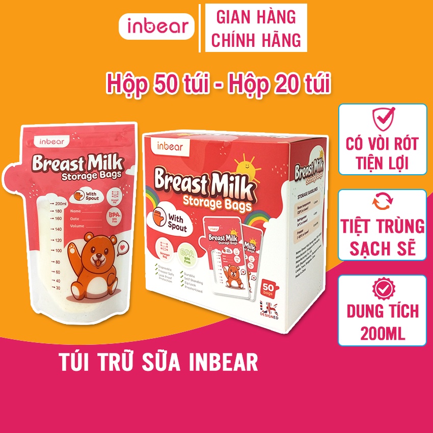 Túi Trữ Sữa Inbear 200ml - Hộp 50 Túi, Hộp 20 Túi, Có Vòi Dễ Đổ Ra