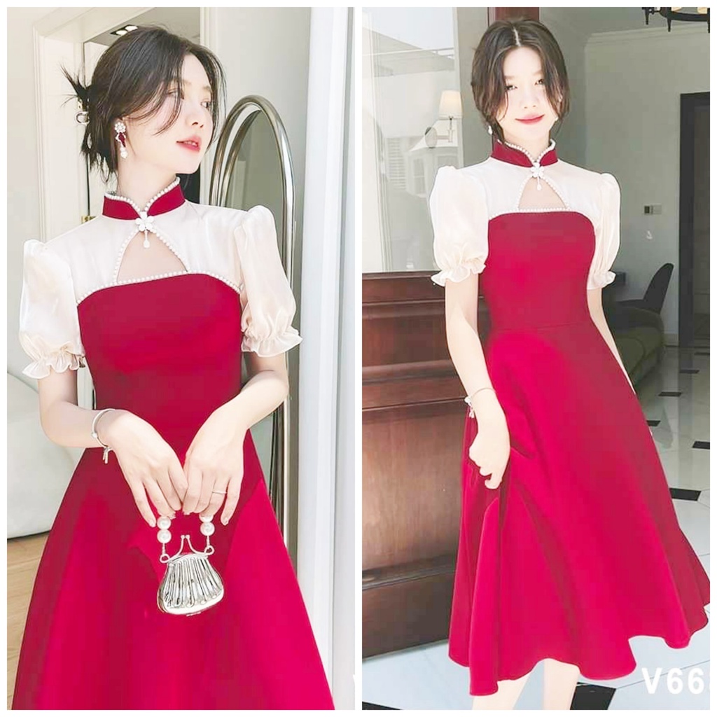 Váy đầm thời trang nữ cao cấp dự tiệc chất umi cổ tròn xẻ ngực phối voan tay ngắn dáng xòe maxi tạo điểm nhấn trẻ trung