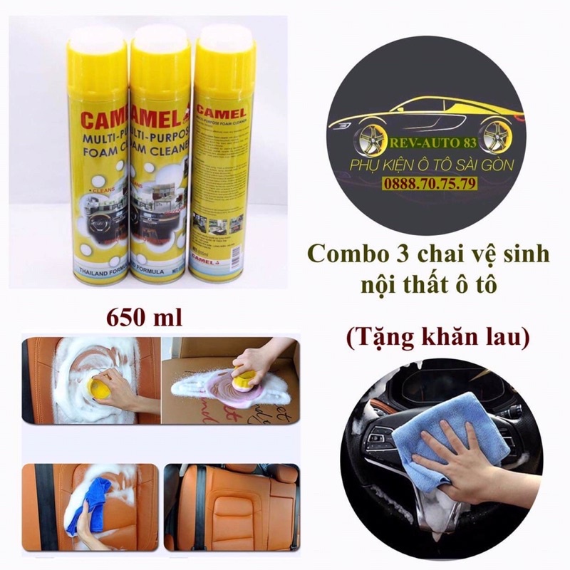 Combo 3 chai vệ sinh nội thất ô tô, da-nỉ,màu xanh-vàng 650ml
