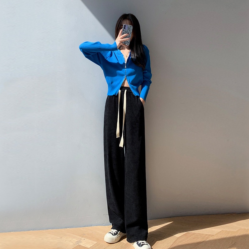 Quần nhung dài Ống rộng nữ Dây rút Lưng cao Hack dáng Hàn Quốc Quần nhung Be Cạp cao Ống rộng Thời trang Tôn dáng