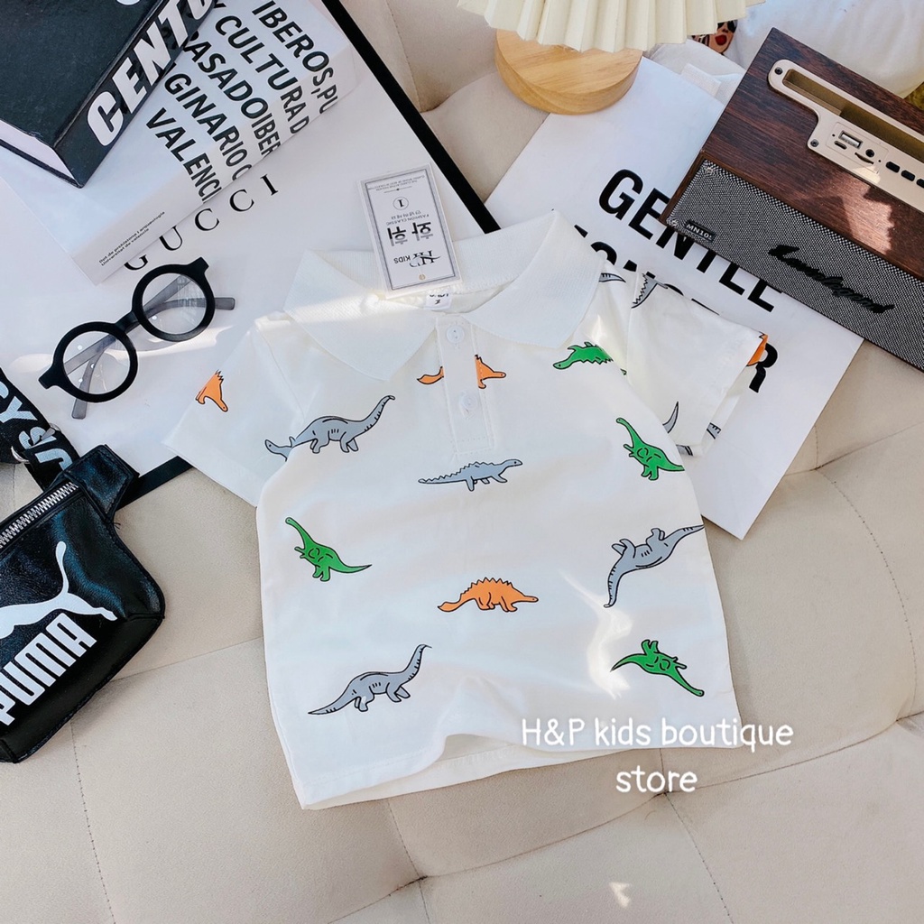 Áo bé trai cổ trụ cotton tầu in khủng long 4 mầu Trắng Vàng Xanh Đỏ XHN1144