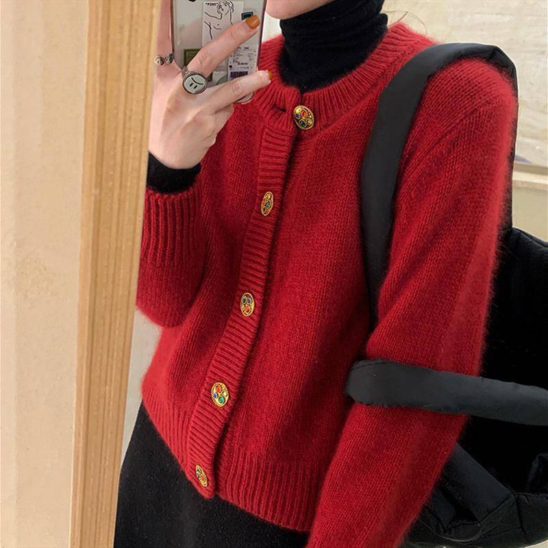 Áo Khoác Cardigan Dệt Kim Màu Đỏ Phong Cách Giáng Sinh Năm Mới Thanh Lịch Cho Nữ