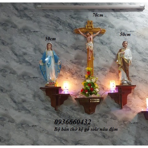 Bộ bàn thờ Thiên Chúa sole nâu đậm, Mẹ Thánh 50cm, Thánh Giá Chúa cnan 65cm hoa đèn đầy đủ - quà tặng công giáo