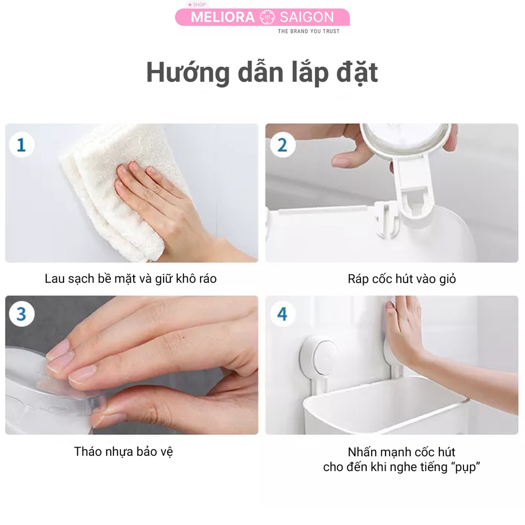 Kệ phòng tắm cao cấp MELIORA không khoan tường tải treo 10kg chống nước tái sử dụng hút chân không treo tường SG558