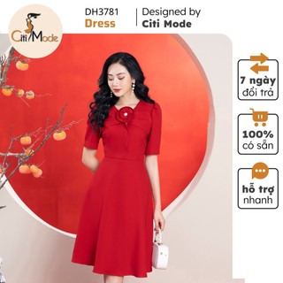 Đầm công sở CITI MODE FASHION thiết kế dáng xoè đỏ tay lỡ đính hoa ngực DH3781