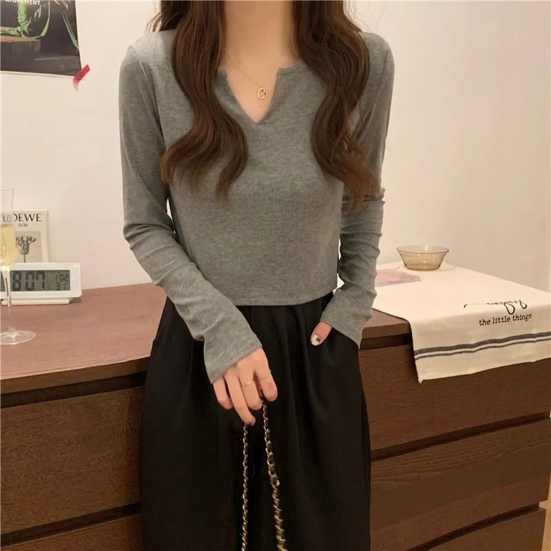 Áo thun SUXI tay dài cổ chữ V dáng ôm thời trang mùa thu phong cách Hàn Quốc cho nữ