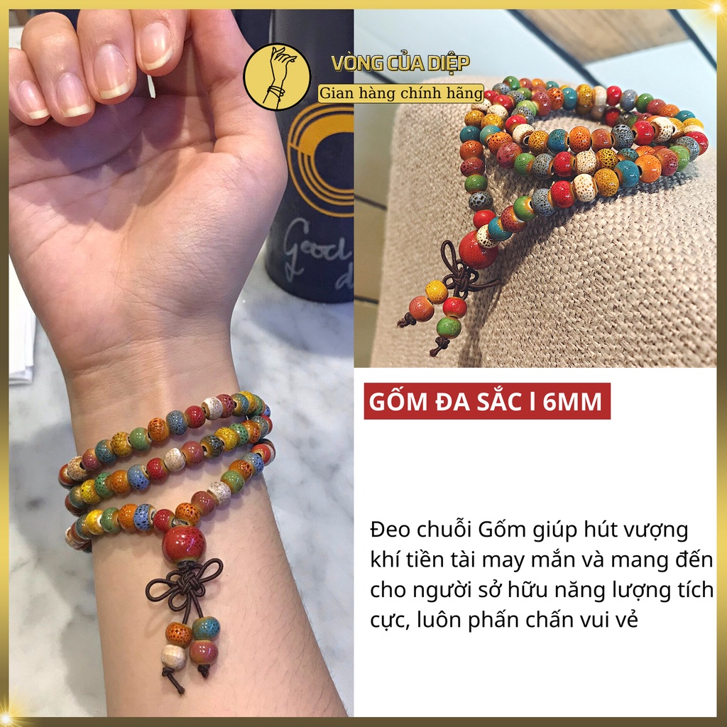 Vòng tay chuỗi hạt gốm sứ đa sắc Bát Tràng 108 hạt 6li, hợp tất cả các mệnh, giúp hanh thông, chiêu tài giữ lộc