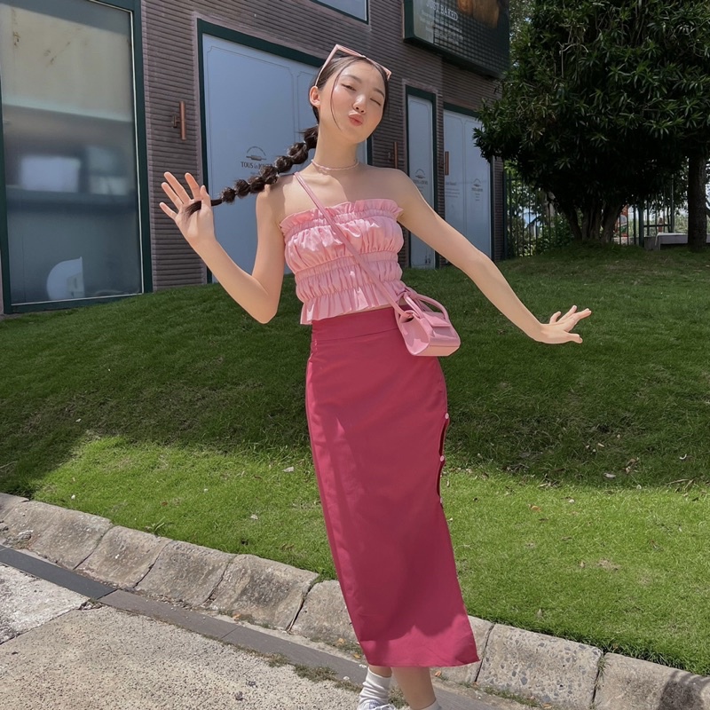 Pinky Set - Set áo và chân váy dài xẻ tà màu hồng sang chảnh