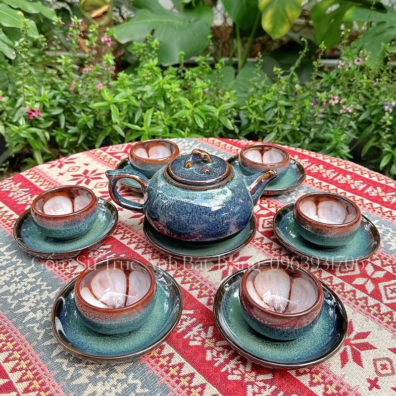 Bộ ấm trà, men hoả biến ấm chén gốm sứ nghệ nhân Bát tràng hàng cao cấp