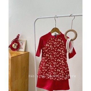 Set áo dài cách tân tay phối lụa kèm cài ngọc