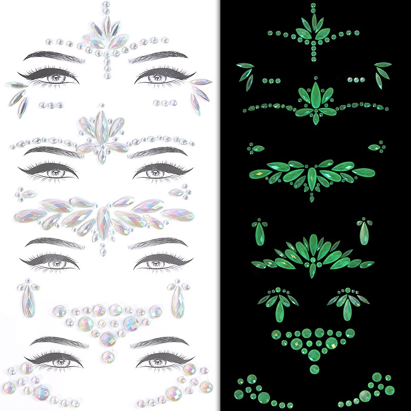 Miếng Dán Trang Trí Mặt Và Lông Mày Họa Tiết Kim Cương Phát Quang Độc Đáo