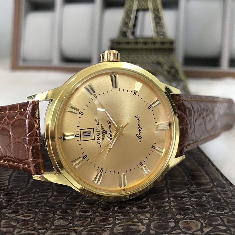 Đồng hồ Nam Longgines, đồng  hồ LG005 Dây da cao cấp, kim chôi Mặt Sapphire chống xước, chống nước thẻ bảo hành 12 tháng