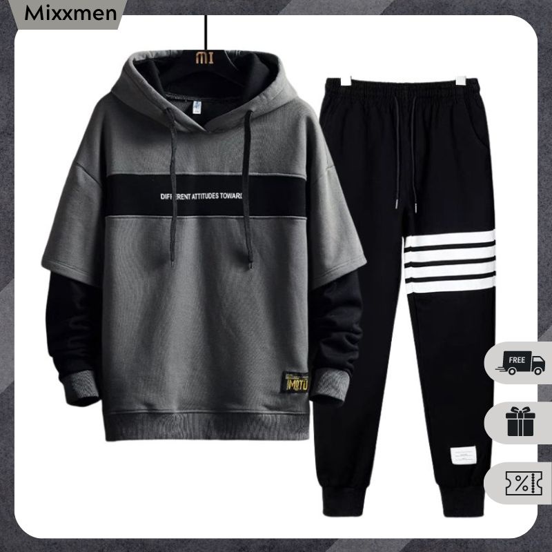 Set Đồ Nam Áo Hoodie Nỉ Phối Tay Dài Form Rộng Kèm Quần Dài Kẻ Ngang Bo Gấu Thời Trang Mixxmen T251 + QUAN NAM 102