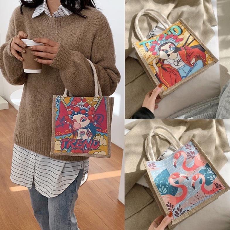 Túi Cói Phong Cách Vintage In Hình .Túi Vải Mini Thời Trang - Có Khóa Kéo