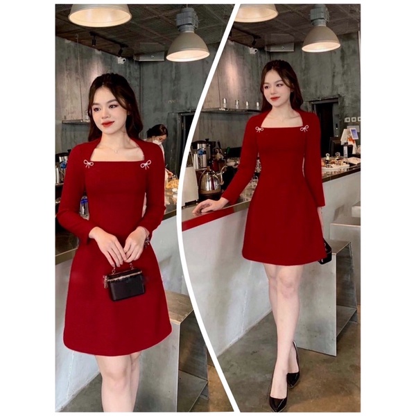 VÁY DẠ ĐỎ ĐÔ DÁNG A KÈM TAG NƠ ĐÁ XỊN SÒ