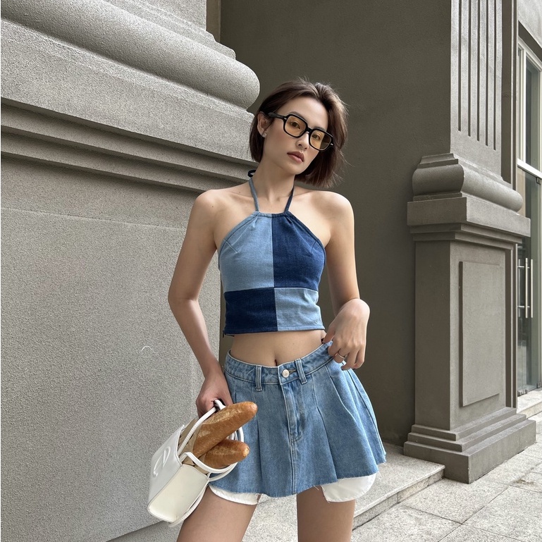 Áo yếm jean CHICMONKI phom croptop phối màu - CMT763