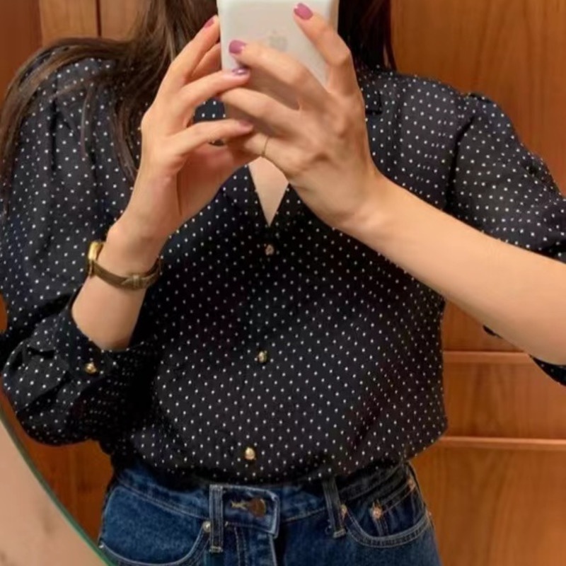 Áo Sơ Mi Tay Dài Họa Tiết Chấm Bi Phong Cách Hàn Quốc Thời Trang Cho Nữ