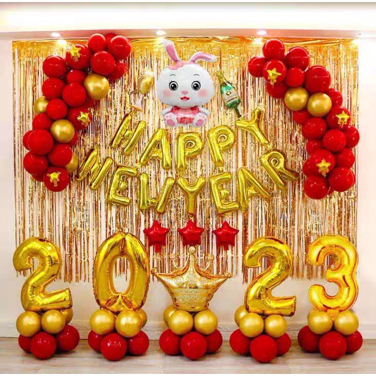 Set Bóng Bay Trang Trí Sự Kiện Tết Năm Mới Happy new year 2023 Tại Nhà Đủ Đồ Giá Rẻ
