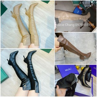 Bốt đùi mũi nhọn da lì pha da lộn gót nhọn siêu siêu ôm chân cho ai bắp nhỏ đen nâu nude