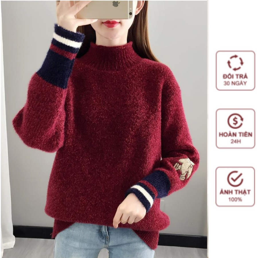 Áo Len Nữ Trơn Màu Tay Hình Chú Gấu Kiểu Dáng Hàn Quốc Dày Đẹp