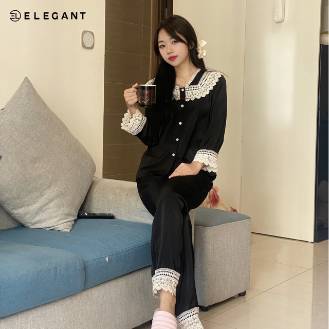 Bộ ngủ lụa dài tay pha ren mềm mại, bộ mặc nhà tiểu thư sang chảnh, set đồ cao cấp quyến rũ (EL2202)