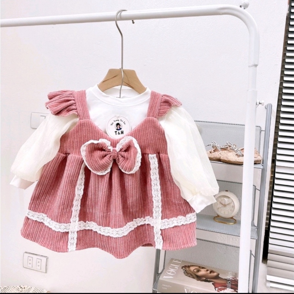 Set váy nhung tay bồng cao cấp cho bé gái 10-22kg mặc đi chơi, đi học