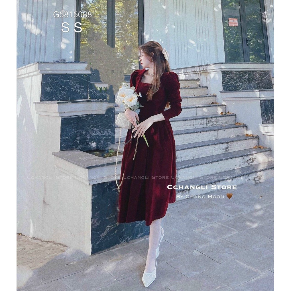 [12.12 Sales Freeship] Đầm nữ tiểu thư vintage dáng dài, đầm nhung cổ vuông tay dài ôm eo dáng xòe đi cưới sang chảnh