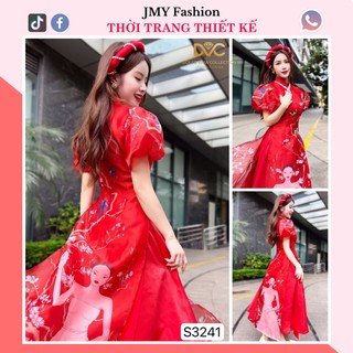 S3241 Set áo dài Tết [kèm ảnh sàn + video] áo dài cách tân đỏ in hoạ tiết 3D sang chảnh (tặng kèm mấn) - DVC&ACC