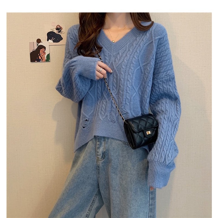 ZHELIHANGFEI Áo Sweater Tay Dài Cổ Chữ V Lưng Cao Thiết Kế Xẻ Rách Phong Cách Quyến Rũ