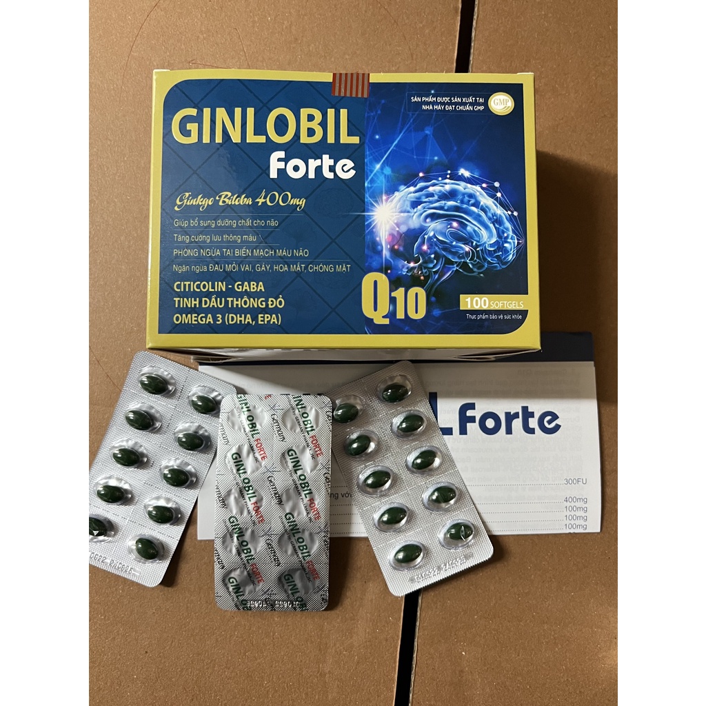 Tăng cường lưu thông máu não GINLOBIL FORTE Hộp 100v - Viên uống bổ sung dưỡng chất cho não chứa Citicolin, Omega 3