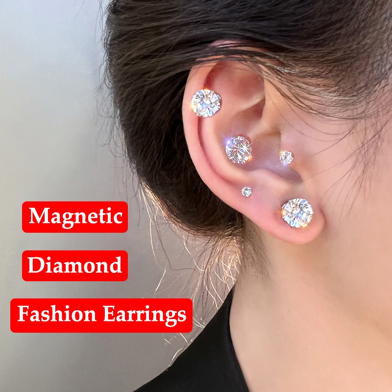Khuyên tai 17KM không xỏ dạng kẹp nam châm đính đá zircon pha lê mạ bạc dễ dàng sử dụng thời trang cho nữ