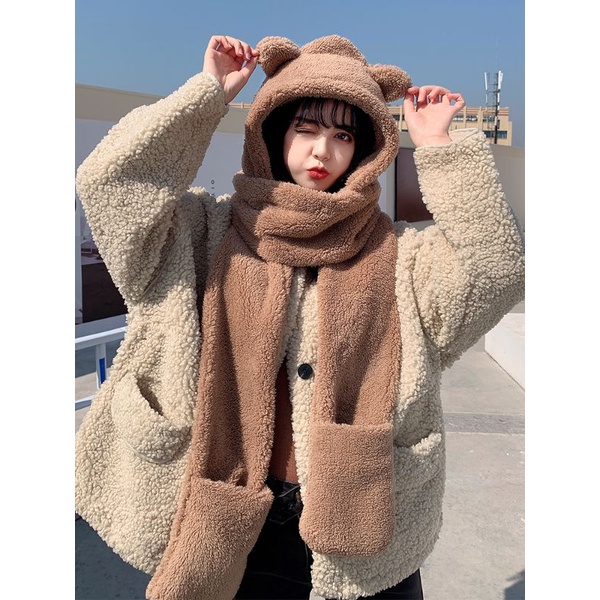 Mũ lông tai gấu kèm khăn quàng cổ 3 trong 1 ấm áp