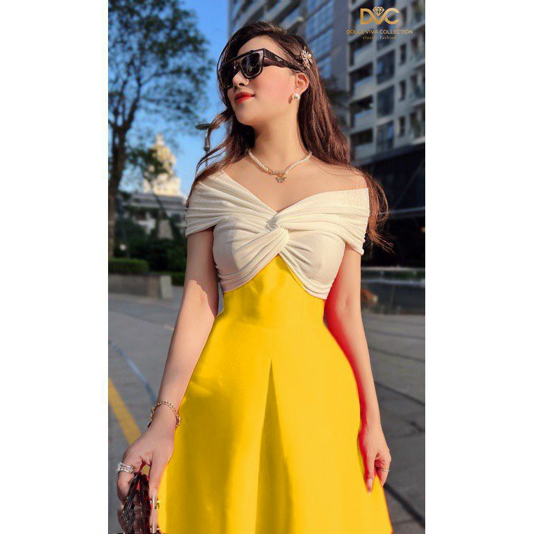 (Sale FreeShip) Đầm thiết kế đi tiệc dáng dài,đầm tapta trễ vai phối màu xinh xĩu,2 màu đỏ vàng tôn da