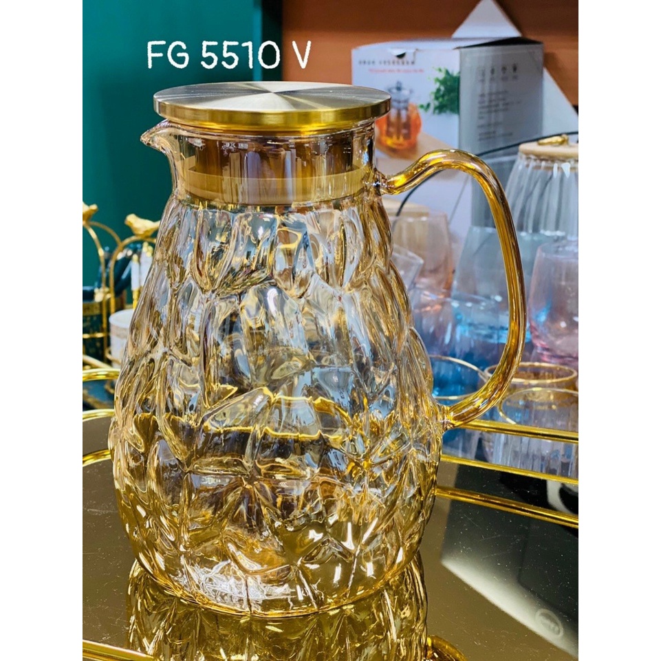 (Hàng có sẵn) Bình nước thủy tinh chịu nhiệt, bình na vàng. Dung tích 1600ml