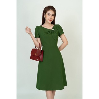Váy Đầm Công Sở Thiết Kế Dáng Chữ A Màu Xanh Lá, Cổ Lá Cách Điệu, Vai Bồng May Sẵn Siêu Đẹp
