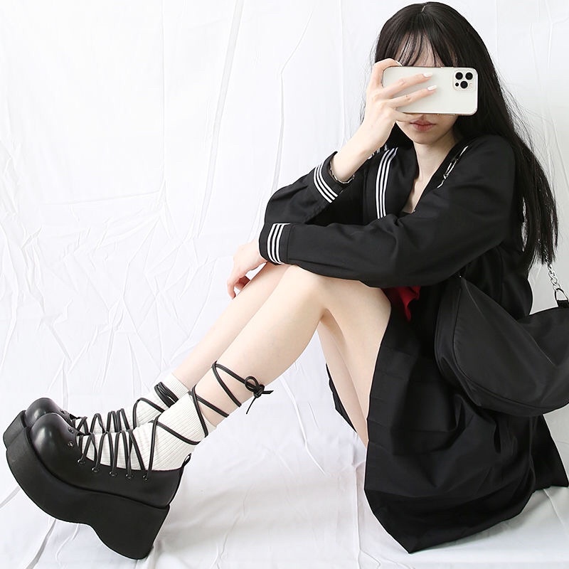 Giày lolita lỗ xỏ cột dây phong cách nữ sinh Nhật Bản Juice Park đế cao 7,5cm FOOTMADE