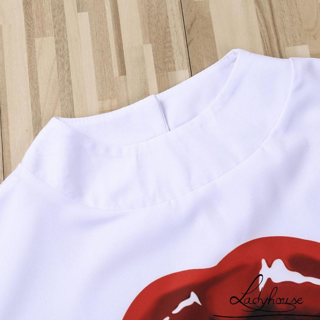 Áo Thun Tay Ngắn Cổ Đứng In Hình Đôi Môi Phong Cách Harajuku Thời Trang Mùa Hè Cho Nữ