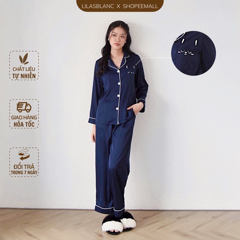 Bộ Đồ Pyjama Nữ LILAS BLANC Thiết Kế Túi Thêu Hình Thỏ Chất Lụa Mịn Cao Cấp Phối Viền Dễ Thương