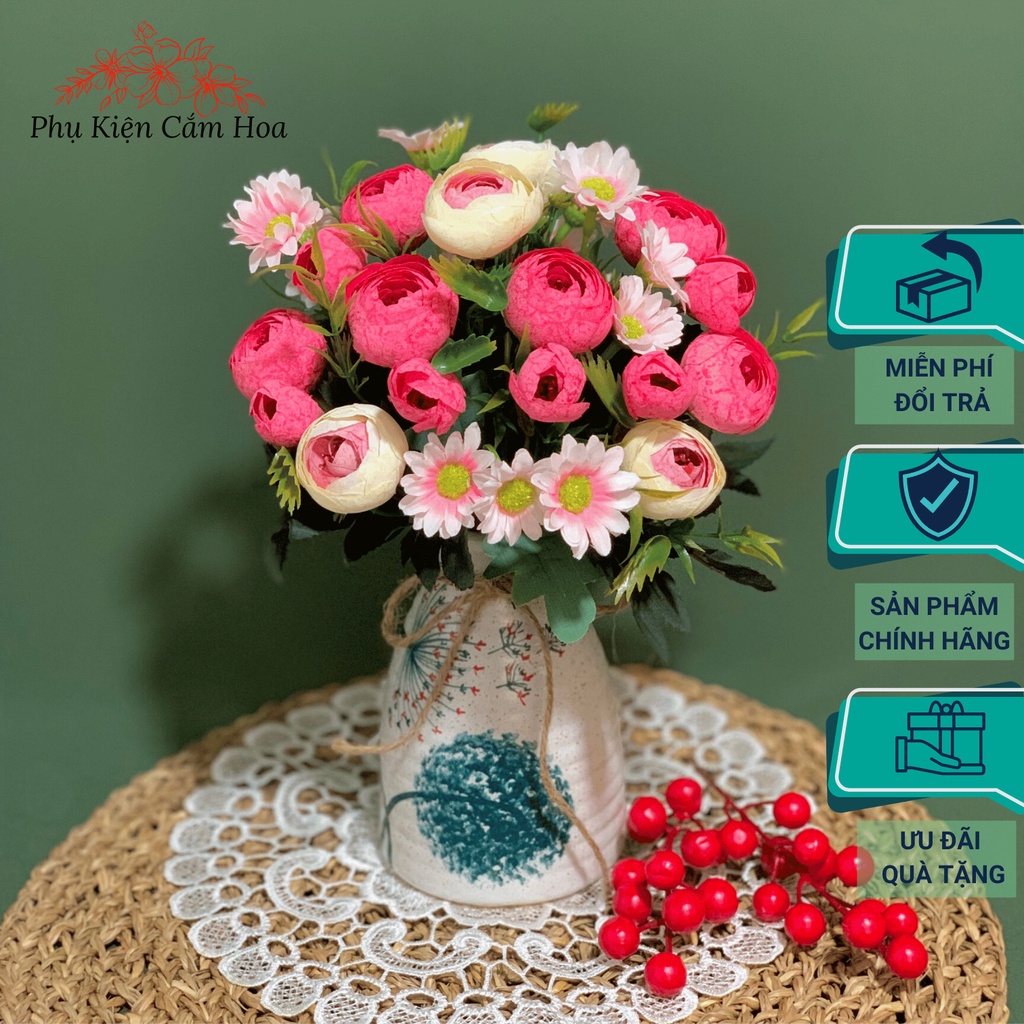 (BÌNH + HOA GIẢ CẮM SẴN) Chậu hoa giả-Bình hoa trà giả để bàn cho phòng khách,bàn học,bàn giáo viên, phù hợp decor phòng
