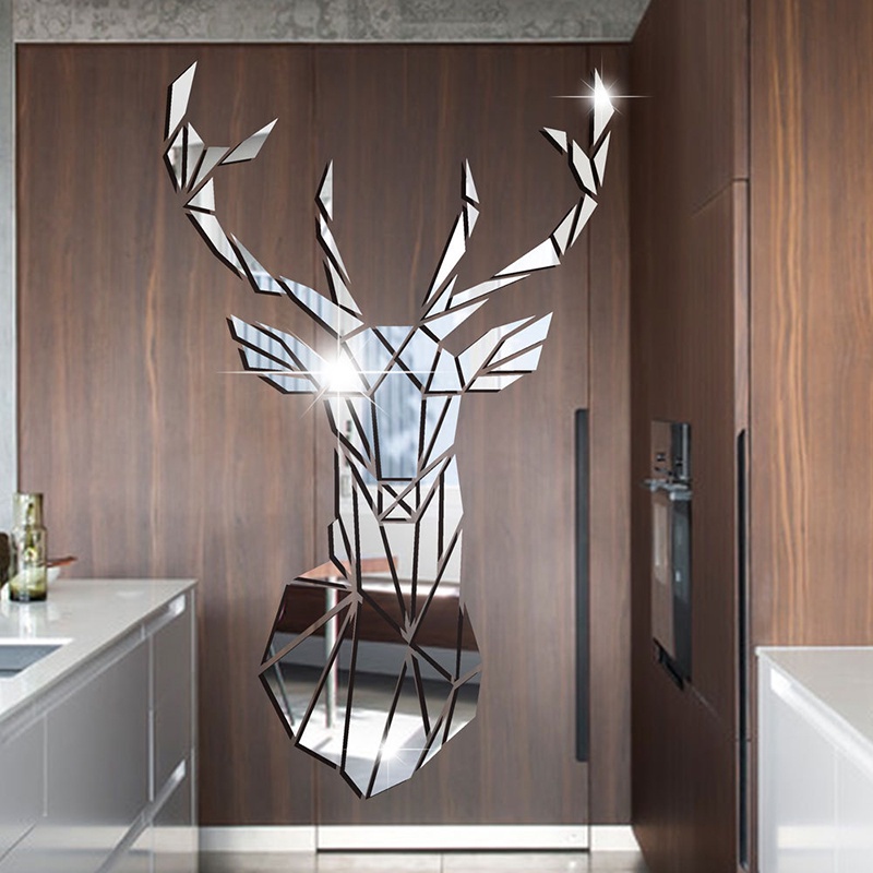 Decal dán tường Mặt Gương Acrylic 3D Hình Đầu Hươu Phong Cách Bắc Âu Trang Trí Nhà Cửa DIY