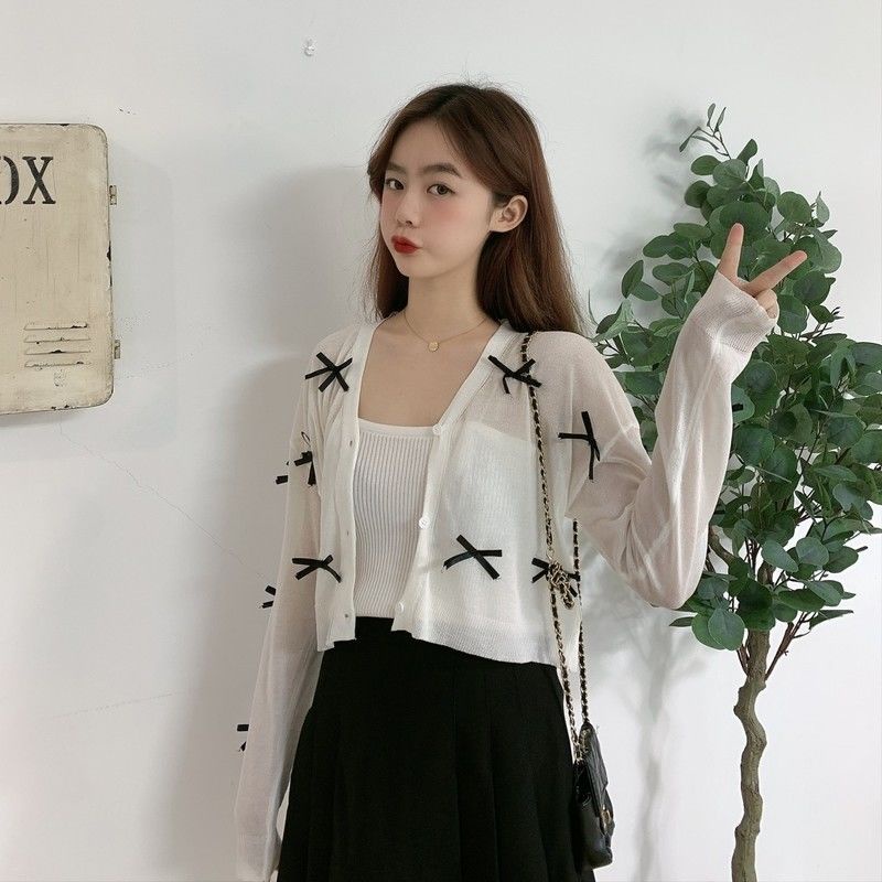 Áo Khoác Cardigan Thun Len Nữ Tay Dài Đính Nơ Siêu Dễ Thương