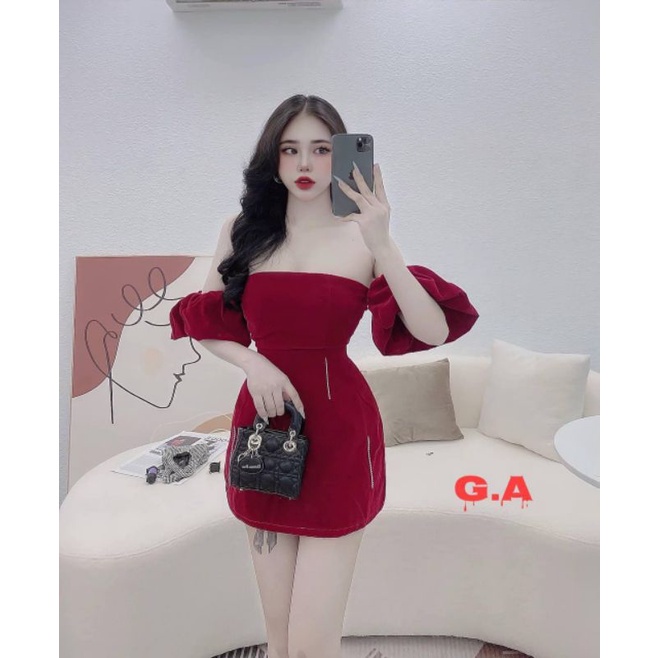 ĐẦM  NHUNG ĐỎ  ĐÍNH ĐÁ RỚT TAY PHỒNG Ảnh  chụp thật chuẩn ✨alohashop91