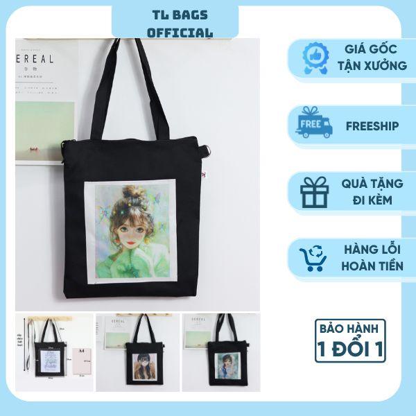 Túi tote, túi vải đeo vai, đi học đi chơi tiện lợi, màu đen dáng vuông, khóa kéo ngăn chính, in hình bên ngoài cute | BigBuy360 - bigbuy360.vn